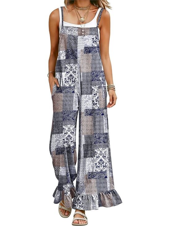 Pants - Bohemian Floral Print Loose Wide Leg Jumpsuit with Ruffle Hem - Casual Romper